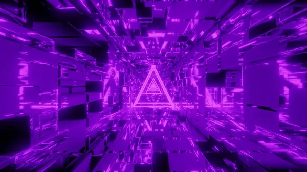 带有科幻空间隧道背景的发光线框3D渲染三维图解 具有良好反射反射的未来隧道背景的锥形线框墙纸 — 图库照片