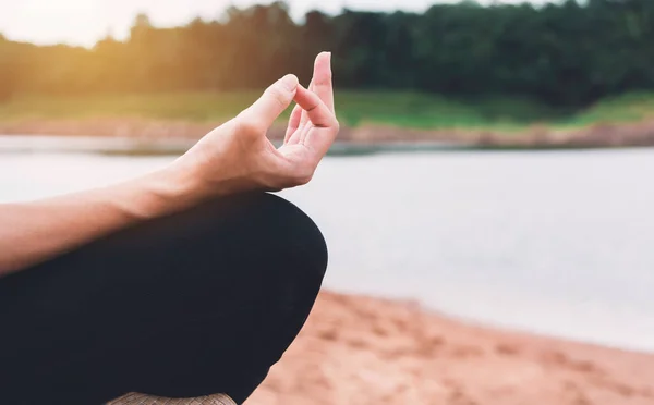 Woman Meditating River Lifestyle Relaxation Emotional Concept — Stock Photo, Image