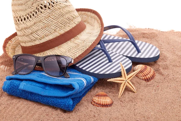 Beach Accessories Flip Flops Sunglasses Towel Straw Hat Lying Sand — Stock Photo, Image