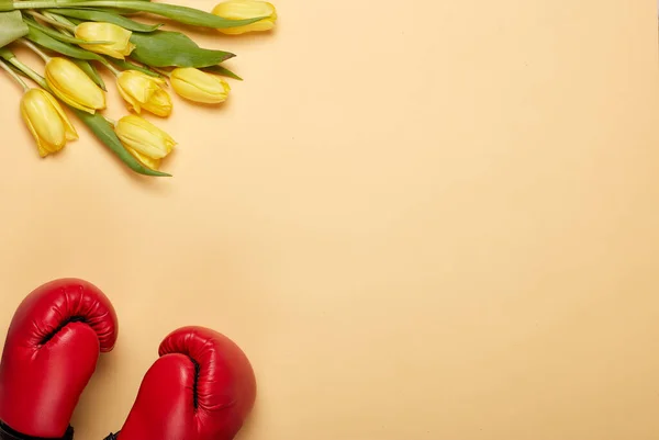 Vista Dall Alto Tulipani Rossi Gialli Sfondo Colori — Foto Stock