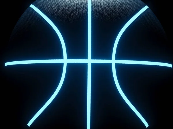 Rendering Van Enkele Zwarte Basketbal Met Heldere Blauwe Gloeiende Neon — Stockfoto