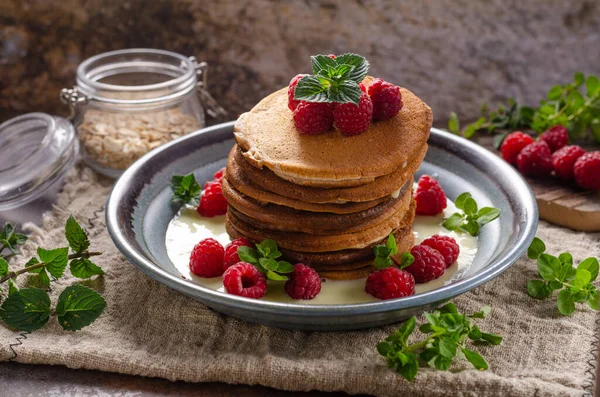 Pancakes Raspberries Mint Wooden Background Selective Focus — Stock Photo, Image