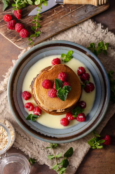 Pancakes Berries Chocolate Wooden Background Selective Focus — Stock Photo, Image