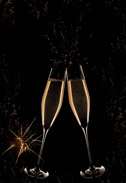 Gouden Champagne Met Vuurwerk Aan Nachtelijke Hemel Voor Een Verticale — Stockfoto