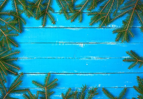 Groene Takken Van Naalden Rond Omtrek Van Een Blauwe Achtergrond — Stockfoto