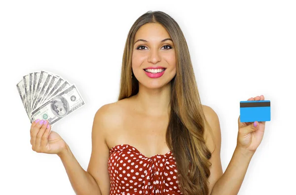 Portrait Smiling Young Woman Showing Bunch Money Banknotes Holding Plastic Royalty Free Stock Images