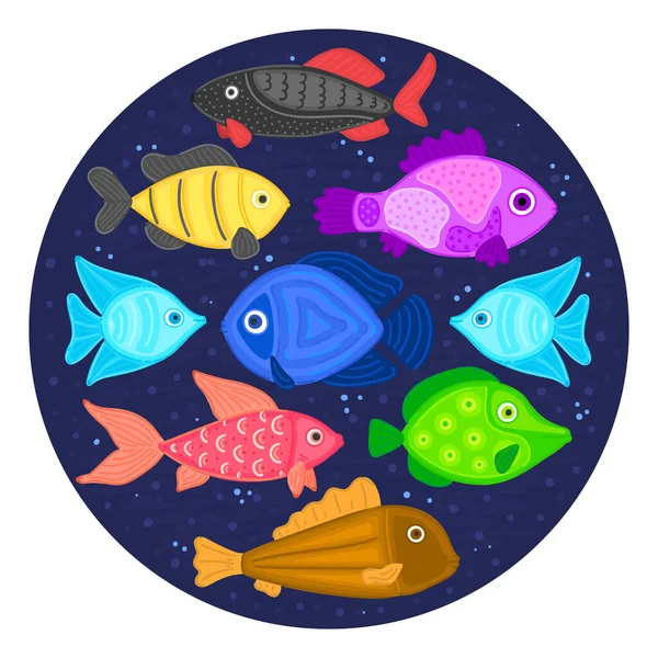 円形のベクトルカラフルな漫画の魚 海底世界 水族館 かわいい海洋生物だ 小便だ パンフレット チラシ ラベル カバー ポスター — ストック写真