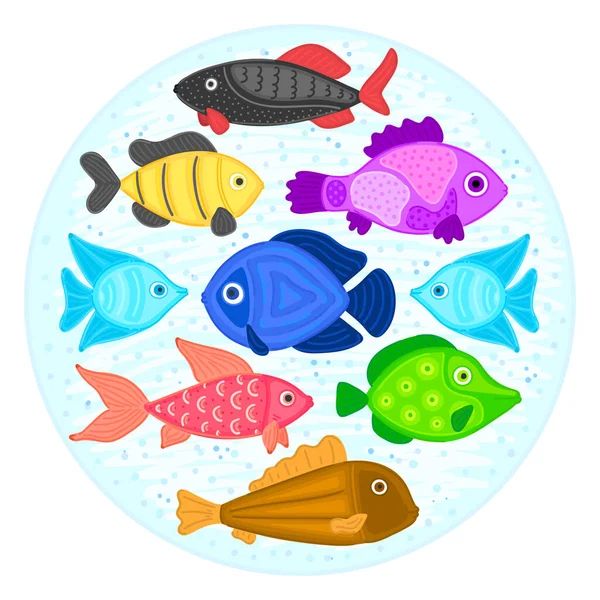 Vector Peces Dibujos Animados Colores Forma Circular Mundo Submarino Acuario — Foto de Stock