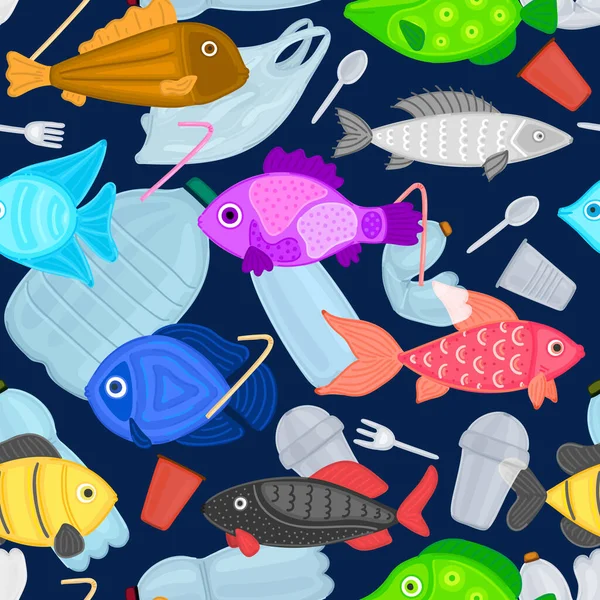 Vektor Nahtlose Muster Mit Fischen Schwimmt Zwischen Dem Müll Stoppt — Stockfoto