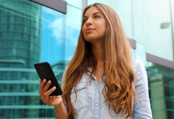 Young Serious Determined Business Woman Standing Front Modern Building Phone — Stock Photo, Image