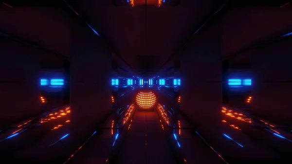反射スペーストンネルの背景3Dレンダリングイラストと素敵なオレンジ色の輝く球 Sci Fi回廊トンネル素敵な輝く照明と壁紙3Dイラスト — ストック写真