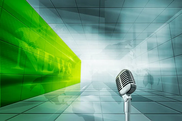 Fütürist Modern Yüksek Teknolojik Kapalı Haber Stüdyosu Mikrofon Yeşil Duvarda — Stok fotoğraf