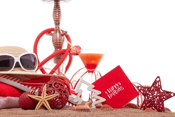 Strand Accessoires Schelpen Zand Glas Met Cocktail Hookah Shisha Kerst — Stockfoto