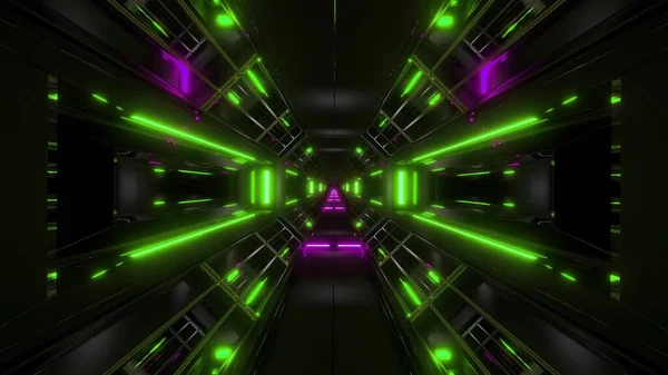 黑暗空间科幻隧道飞艇走廊通过Vj环路3D插图绿色紫光壁纸 未来空间科幻走廊背景3D渲染 — 图库照片