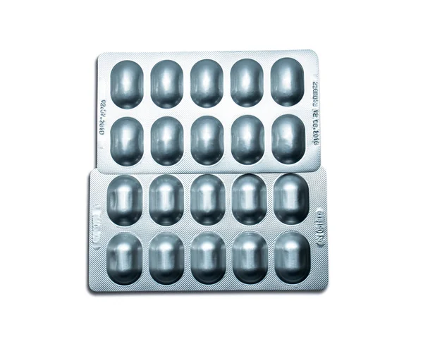 Silver Aluminiumfolie Blisterförpackning Isolerad Vit Bakgrund Farmaceutiska Förpackningsindustrin Apotek Produkter — Stockfoto