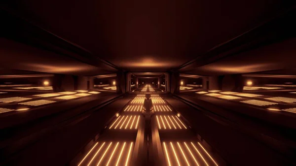 暗い黒のスペースScifiトンネル黄金の輝くライト3Dイラスト壁紙の背景 Sci Fi未来的な宇宙船の廊下の背景壁紙素敵な輝くライトと壁紙 — ストック写真