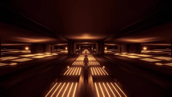 Donkere Zwarte Ruimte Scifi Tunnel Met Gouden Gloeiende Lichten Illustratie — Stockfoto