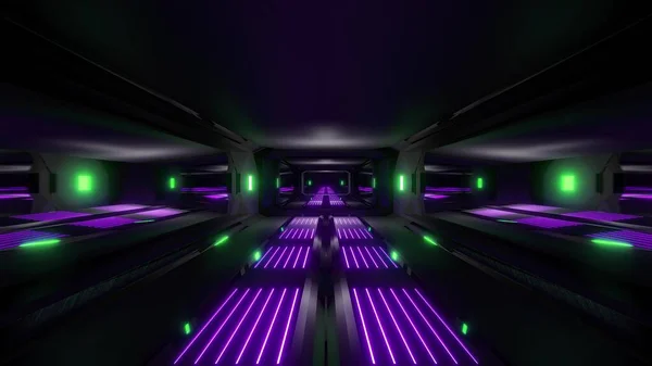 Buio Nero Spazio Scifi Tunnel Con Verde Viola Luci Luminose — Foto Stock