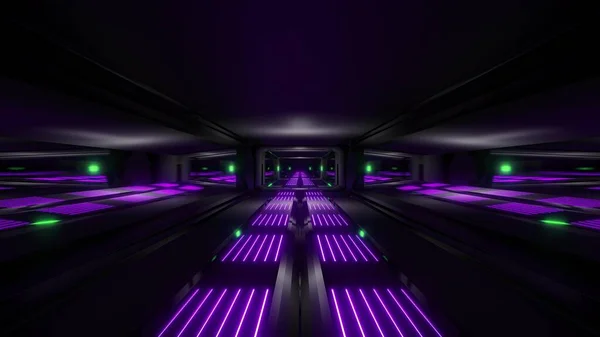 Dark Black Space Scifi Tunnel Green Purple Glowing Lights Illustration — Stock Photo, Image
