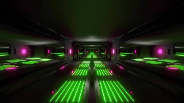 Mörk Svart Utrymme Scifi Tunnel Med Grön Rosa Glödande Ljus — Stockfoto