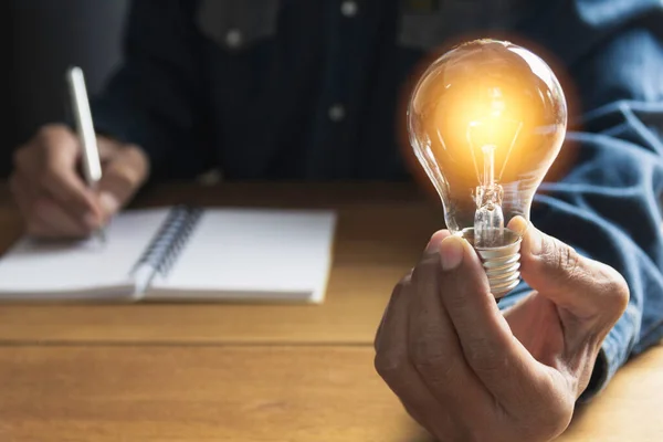 Hand Male Holding Light Bulb Copy Space Accounting Ideas Creative — Stock Photo, Image