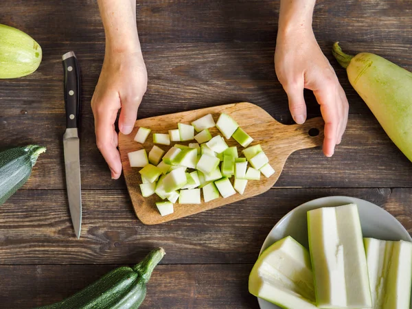 Zucchini Harvest Woman Slices Zucchini Cubes Freezing Wooden Table Farm — Stock Photo, Image