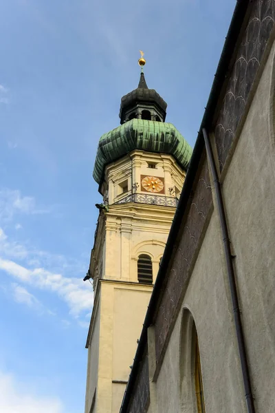 Torre Igreja Paroquial São Nicolau Antiga Cidade Hall Tirol Áustria — Fotografia de Stock
