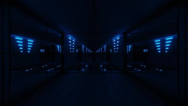 青スタイリッシュなダークSfトンネルQith素敵な輝き3Dイラストの背景壁紙 未来的なScfiデザインの廊下スペーストンネルの背景3Dレンダリング — ストック写真