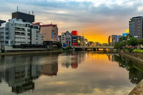 Fukuoka Stare Miasto Wzdłuż Rzeki Naka Nakasukawabata Zachód Słońca Zmierzch — Zdjęcie stockowe