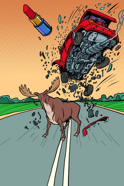Yolda Tehlike Vahşi Hayvanlar Geyik Araba Komik Karikatür Pop Art — Stok fotoğraf