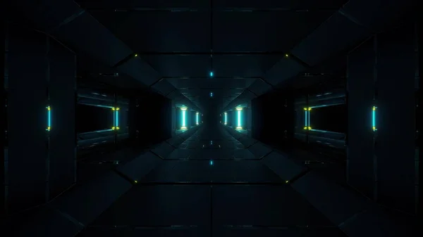 黑暗干净的科幻空间隧道走廊3D渲染背景墙纸 未来风格的未来科幻隧道与高对比度 — 图库照片