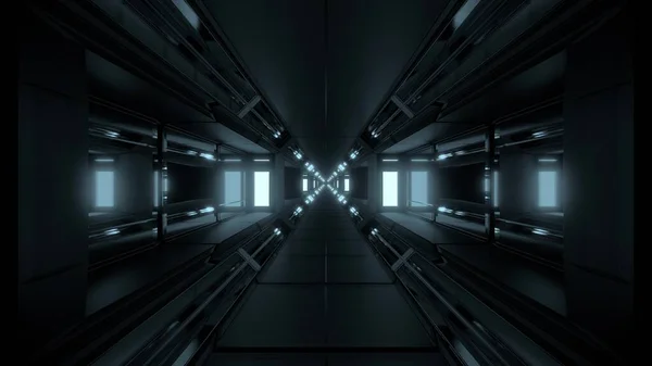 面向未来的发光科幻空间隧道走廊3D插图背景墙纸 现代科幻飞船机库走廊3D渲染 — 图库照片