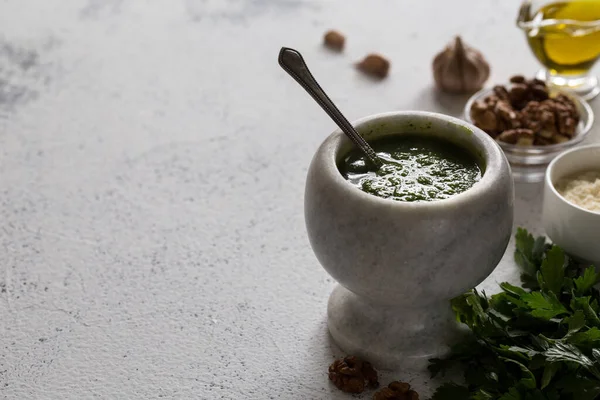 Molho Pesto Salsa Caseiro Ingredientes Vegan Comida Saudável — Fotografia de Stock