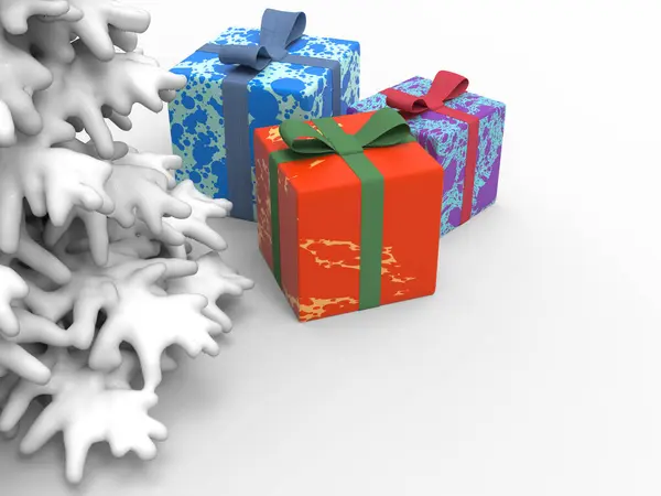 圣诞树与雪和三个礼物 3D说明 — 图库照片