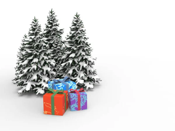 Χριστουγεννιάτικο Δέντρο Χιόνι Και Πολύχρωμα Δώρα Εικονογράφηση — Φωτογραφία Αρχείου