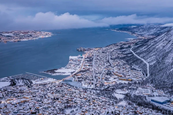 Aerial View City Tromso Winter Mountain Ledge Storsteinen 421 Tengerszint — Stock Fotó