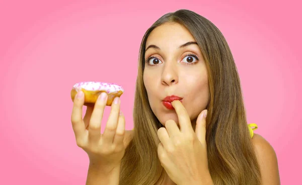 Greedy Girl Grabbing Donut Ready Eating Pink Background — Stock Photo, Image