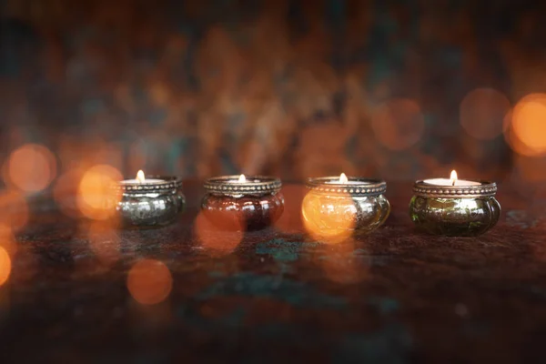 Candle Lights Patinated Background Festive Golden Bokeh Effects — Stock Photo, Image
