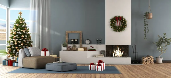 Soggiorno Moderno Con Albero Natale Camino Rendering — Foto Stock