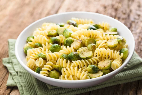 Fresh Homemade Pasta Carbonara Roasted Brussels Sprouts Bowl Selective Focus — Stock Photo, Image