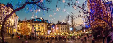 Romantic Ljubljana's city center decorated for Christmas holidays. Preseren's square, Ljubljana, Slovenia, Europe. clipart