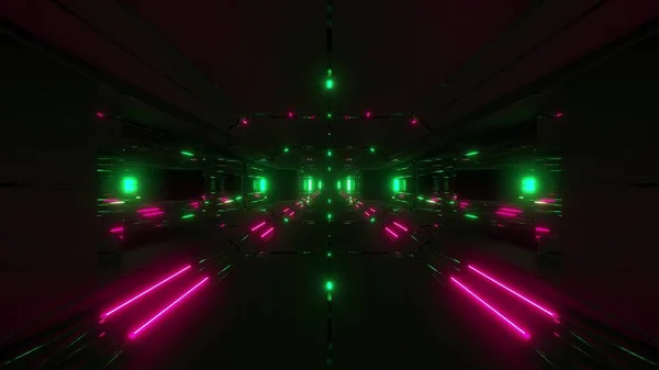 黑暗的未来派科幻隧道走廊3D插图墙纸背景科幻未来大楼明亮反光 — 图库照片