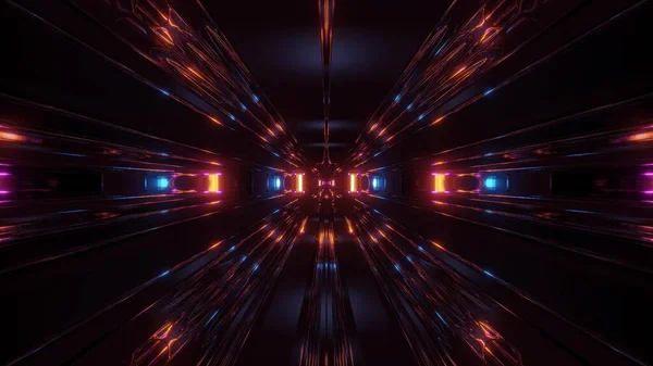 反射輪郭線のワイヤーフレーム3Dイラスト壁紙の背景を持つ暗いScifiトンネルの廊下 未来的なScifiエイリアンスタイルのデザイン3Dレンダリング — ストック写真