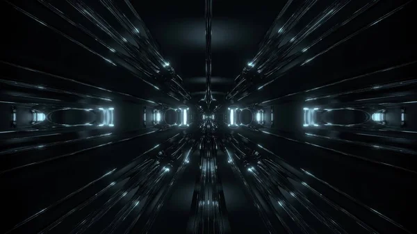 暗色科幻隧道走廊与反射镜线框3D插图墙纸背景 未来主义科幻异形设计3D渲染 — 图库照片