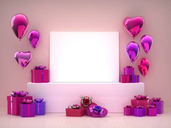 Изображение Плаката Розовым Шариком Сердце Подарок День Рождения Коробка Подарков — стоковое фото
