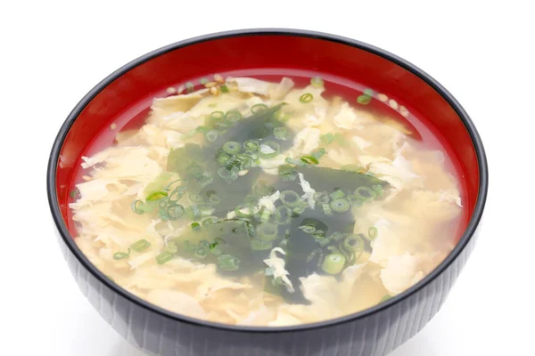 Ιαπωνικό Φουφ Σούπα Αυγών Κακιτάμα Ξύλινο Μπωλ Λευκό Φόντο — Φωτογραφία Αρχείου