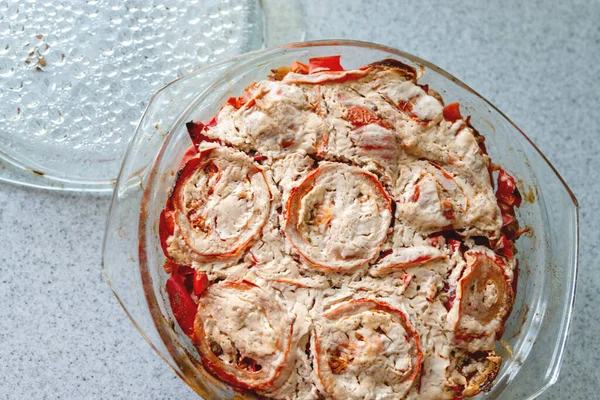 Groente Schaaltje Met Tomaten Top Uitzicht Zelfgemaakte Groente Schotel Een — Stockfoto