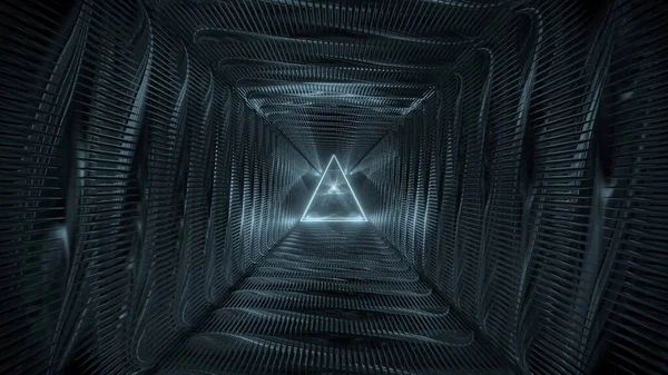抽象的神圣发光三角形线框设计带有金属背景3D渲染墙纸 未来派宗教发光3D插图设计 — 图库照片