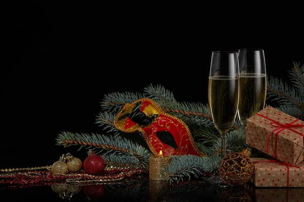 Різдвяний Фон Шампанським Подарунковою Коробкою — стокове фото