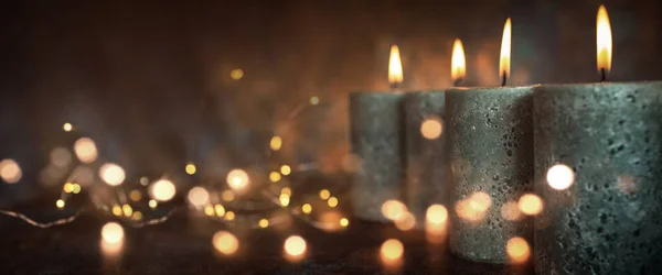 Candles Festive Lights Front Dark Background — Stock Photo, Image